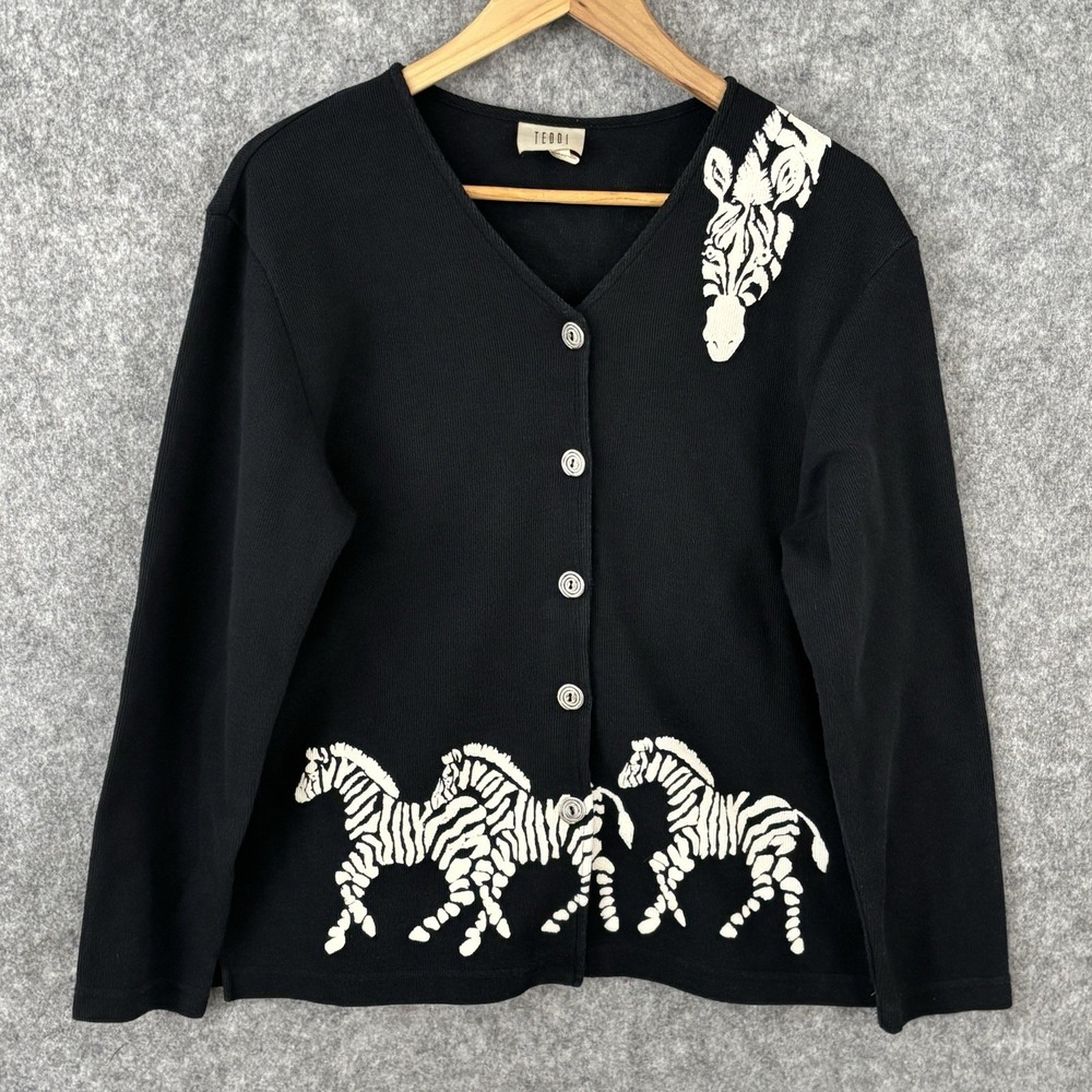 VTG Teddi Womens Art to Wear Zebra Safari Theme Cardigan Size M Boho Eclectic